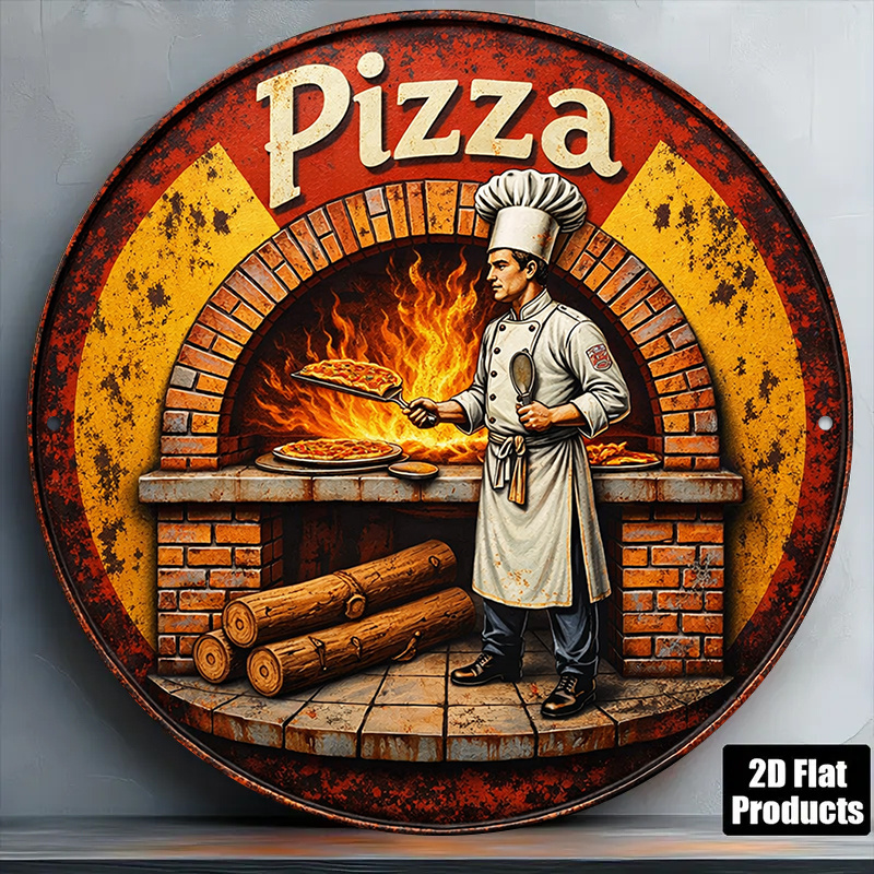 Brass Weight Plate - 2D Retro Metallschild, Vintage Pizza-Zubereitung Aluminium-Wandkunst,